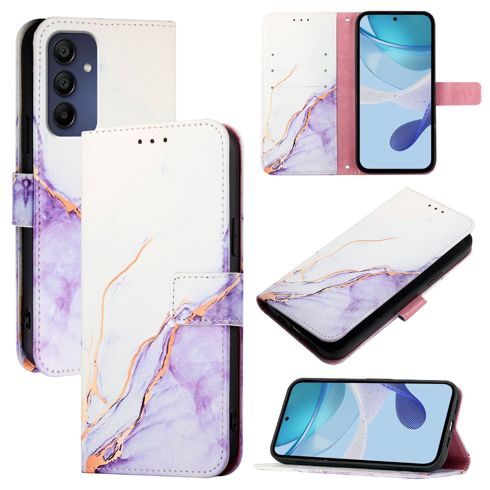 For Samsung Galaxy A16 5G / A16 4G Case YB Pattern Printing Leather Series-5 Marble Pattern Wallet Phone Cover - White / Purple LS006 For Samsung Galaxy A16 5G / A16 4G Case YB Pattern Printing Leather Series-5 Marble Pattern Wallet Phone Cover - White / Purple LS006